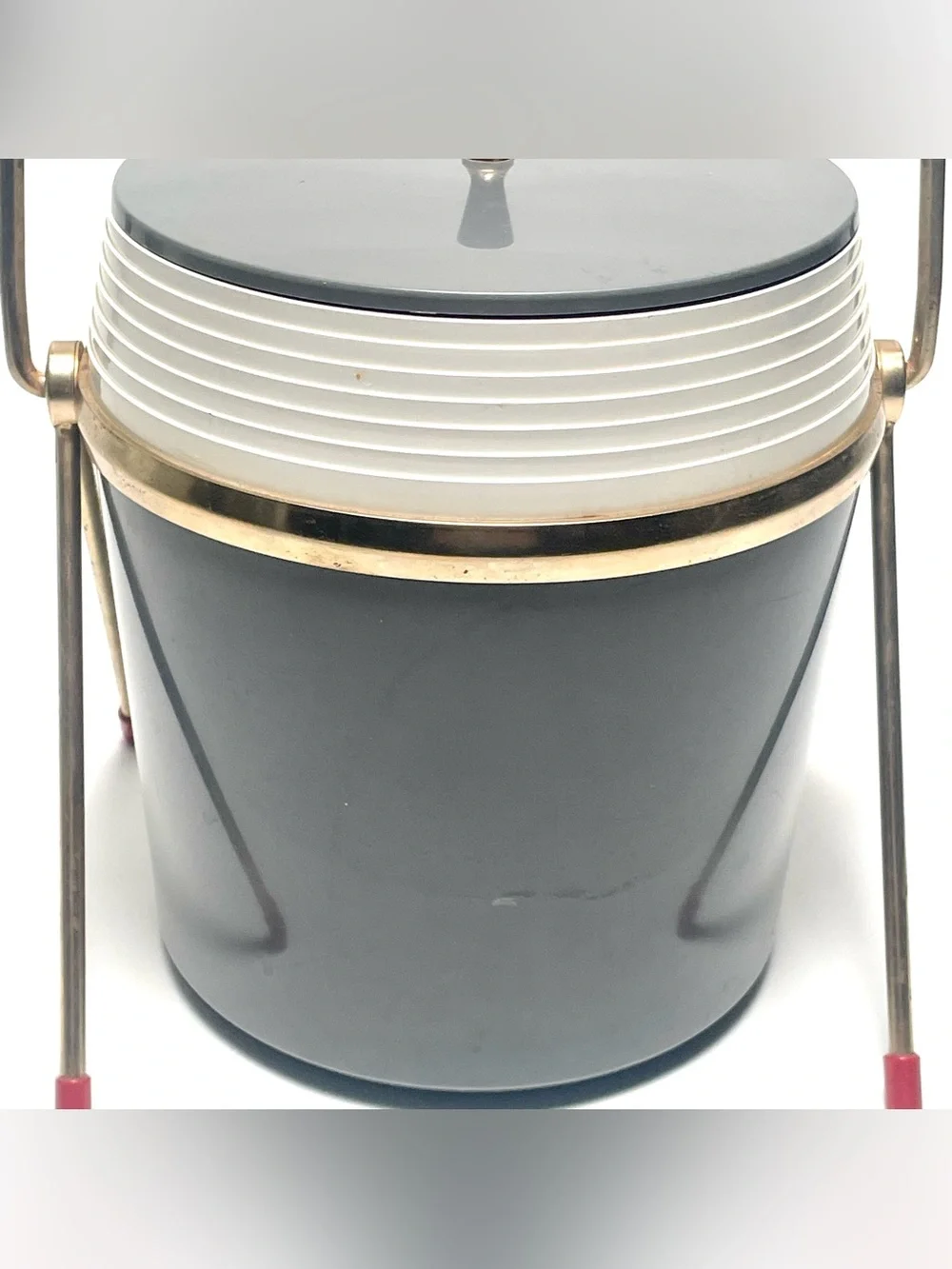 Vintage Mid Century Modern Charcoal Grey Ice Bucket & Metal Caddy Stand Legs